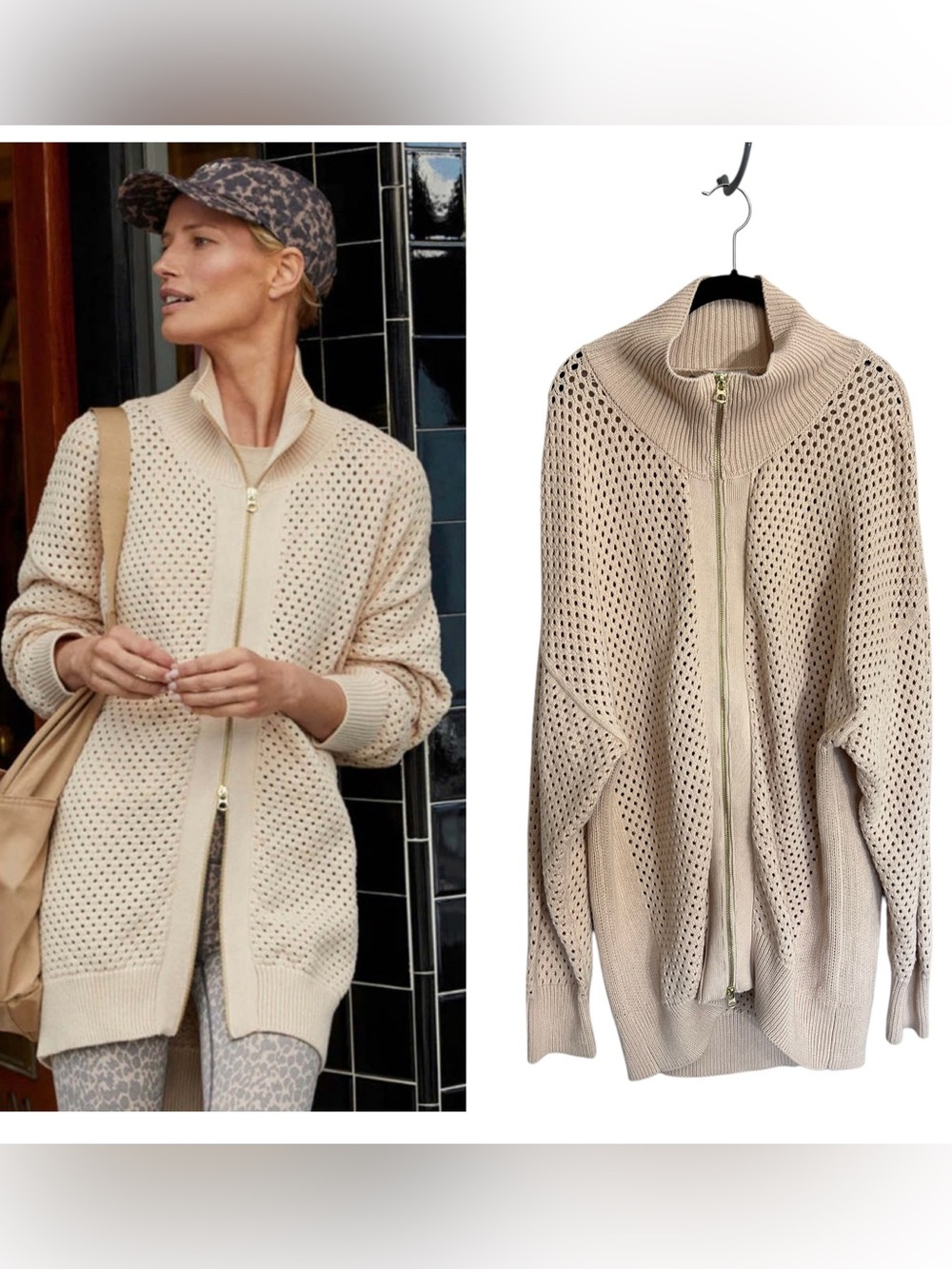 Varley Cassidy Knit Jacket open knit long full zip cotton sz L relaxed coastal